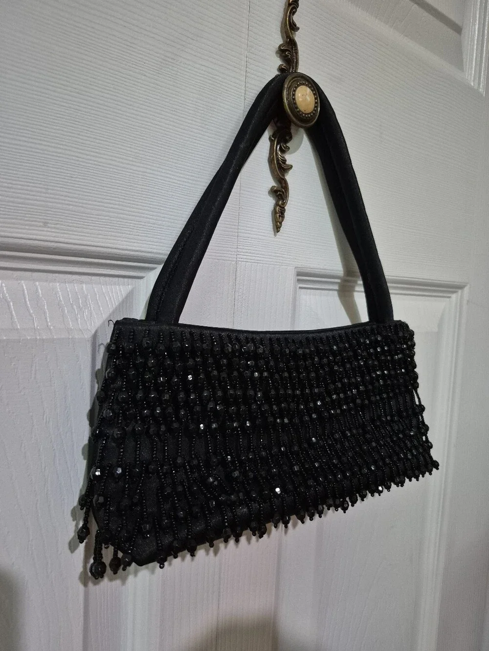 Black beaded satin evening purse